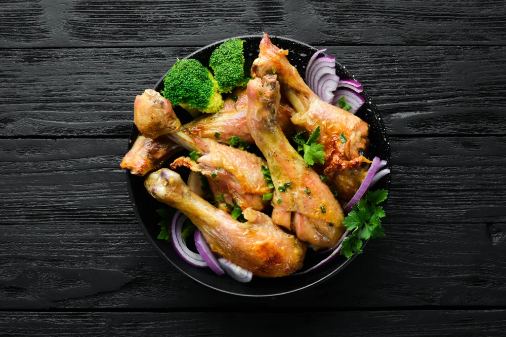 Chicken, broilers or fryers, drumstick, meat only, cooked, braised