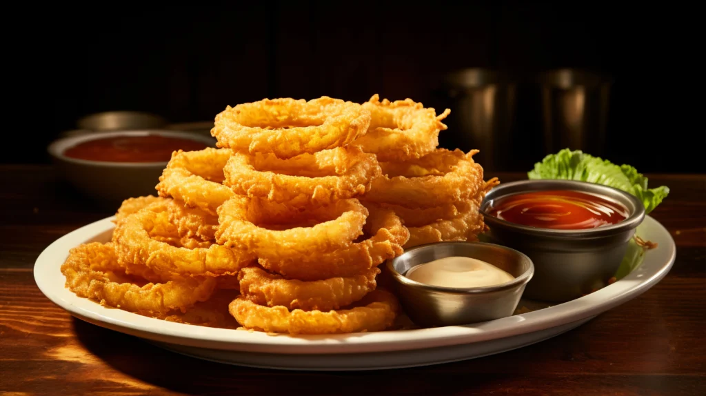 Onion rings, breaded, par fried, frozen, prepared, heated in oven